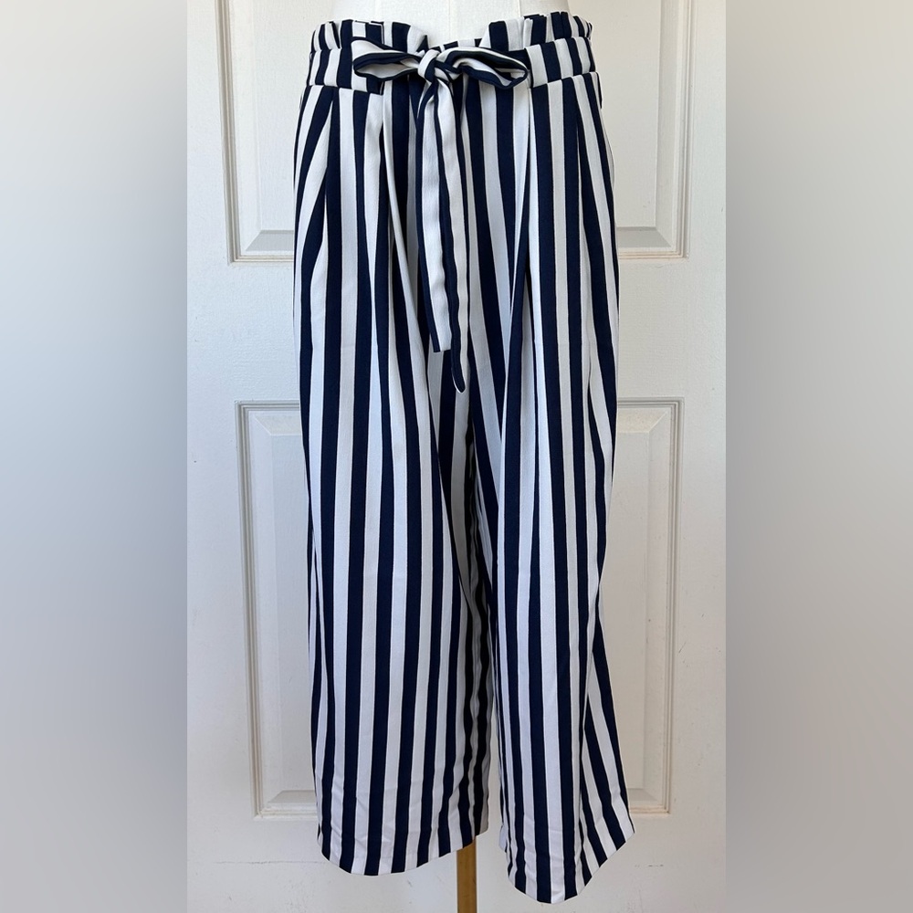 Zara Basic Collection Wide Leg Striped Pants Navy White Size Small